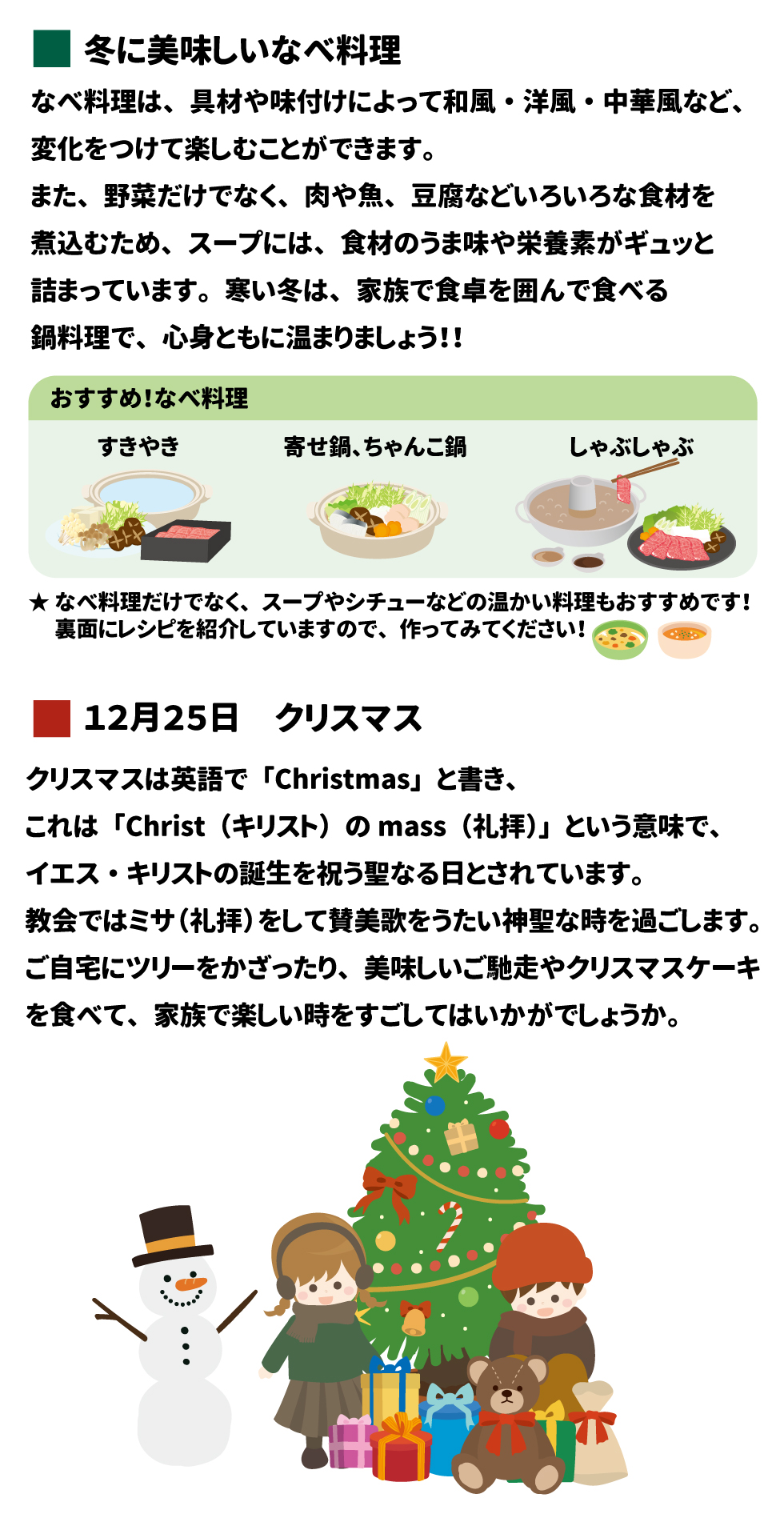 🍲 冬に美味しいなべ料理 4 なべ料理は、具材や味付けによって和風・洋風・中華風など、変化をつけて楽しむことができます 5。また、野菜だけでなく、肉や魚、豆腐などいろいろな食材を煮込むため、スープには、食材のうま味や栄養素がギュッと詰まっています 6。寒い冬は、家族で食卓を囲んで食べる鍋料理で、心身ともに温まりましょう!! 7 • おすすめ!なべ料理 8 o すきやき 9 o 寄せ鍋、ちゃんこ鍋 10 o しゃぶしゃぶ 11 ★なべ料理だけでなく、スープやシチューなどの温かい料理もおすすめです!裏面にレシピを紹介していますので、作ってみてください! 12 🎄 12月25日 クリスマス 13 クリスマスは英語で「Christmas」と書き、これは「Christ (キリスト) の mass (礼拝)」という意味で、イエス・キリストの誕生を祝う聖なる日とされています 14。教会ではミサ(礼拝)をして賛美歌をうたい神聖な時を過ごします 15。ご自宅にツリーをかざったり、美味しいご馳走やクリスマスケーキを食べて、家族で楽しい時をすごしてはいかがでしょうか 16。