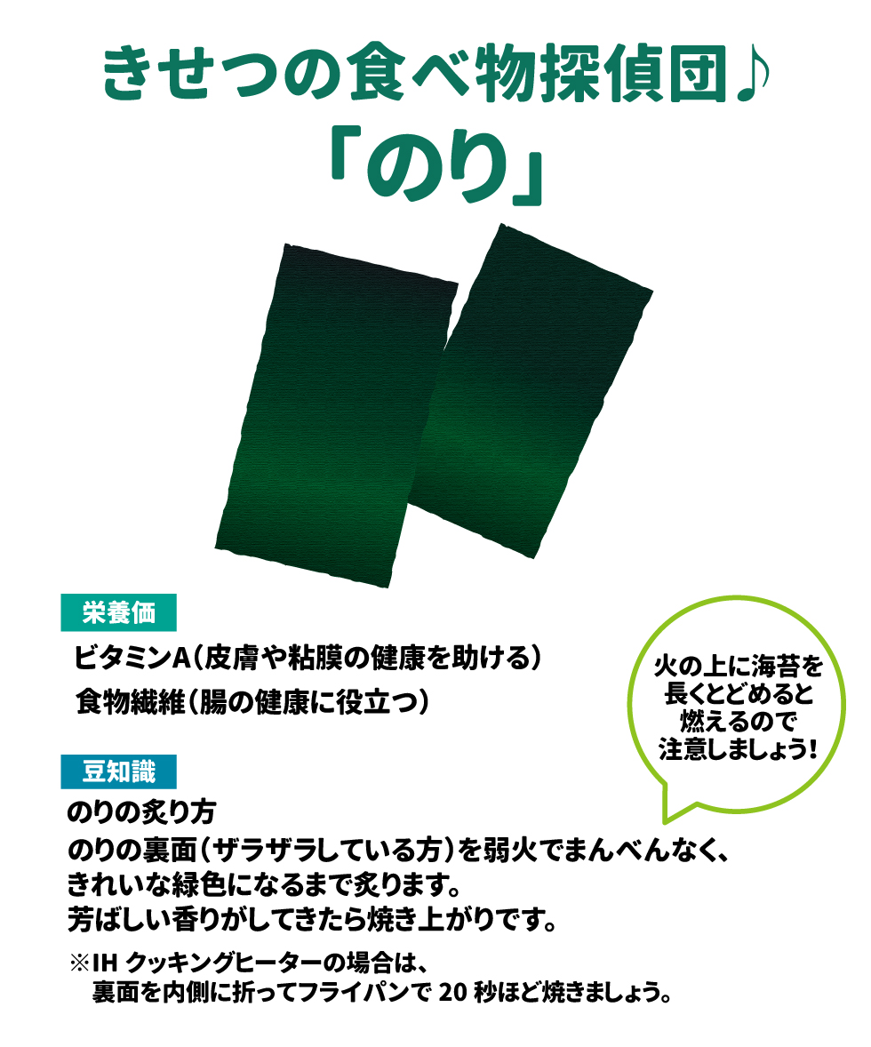 きせつの食べ物探偵団♪「のり」 栄養価 ビタミンA(皮膚や粘膜の健康を助ける) 食物繊維（腸の健康に役立つ） 豆知識 のりの炙り方 のりの裏面(ザラザラしている方)を弱火でまんべんなく、きれいな緑色になるまで炙ります。芳ばしい香りがしてきたら焼き上がりです。 ※IHクッキングヒーターの場合は、裏面を内側に折ってフライパンで20秒ほど焼きましょう。